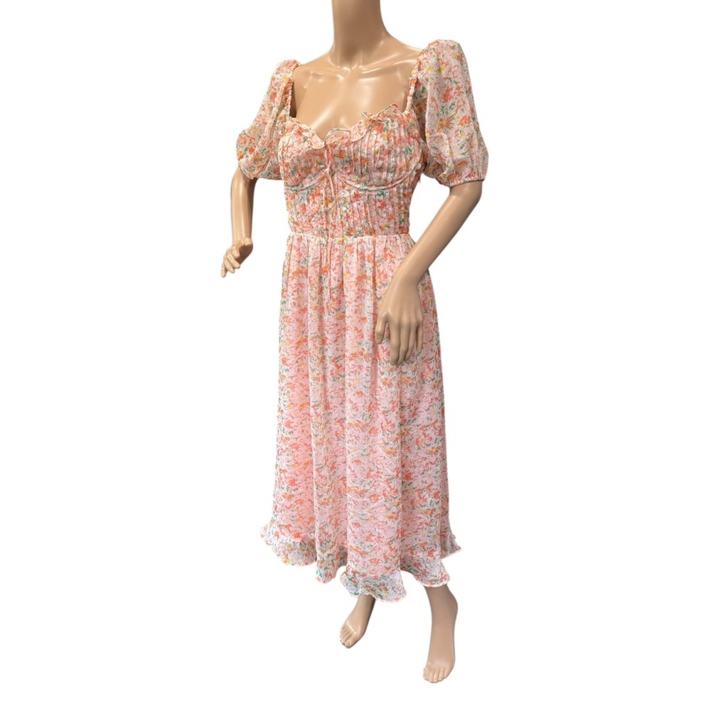 ASTR The Label Lunaria Pleated Midi Dress Orange Green Floral Chiffon Size M - Picture 3 of 15